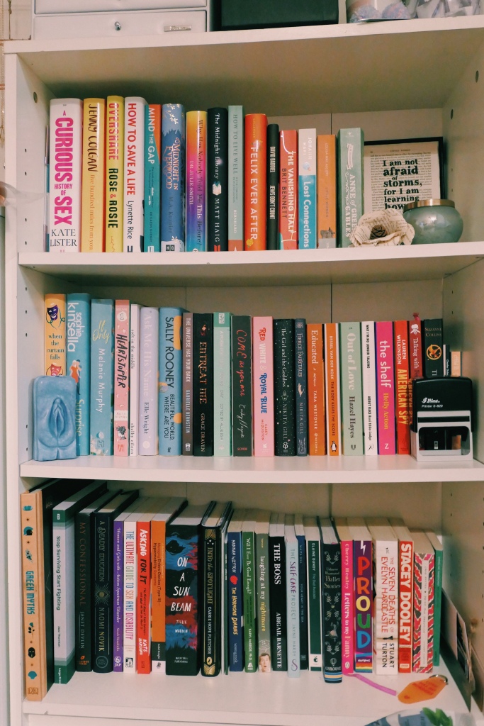 a photograph of a white bookcase with all the above mentioned books on it 